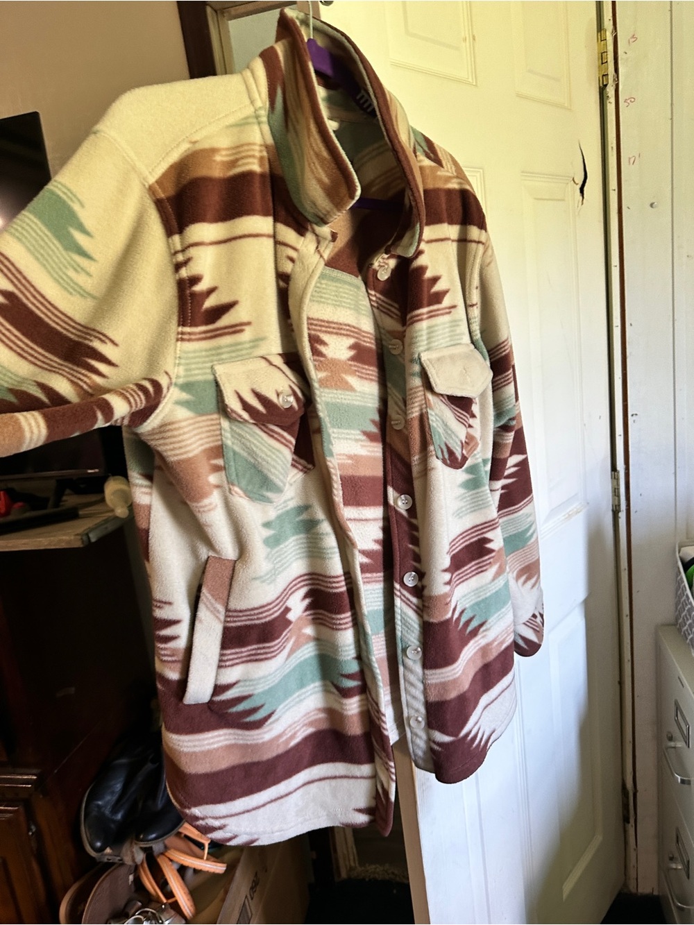 Teddy Jacket - Cream, Brown & Mint Patterned Coat